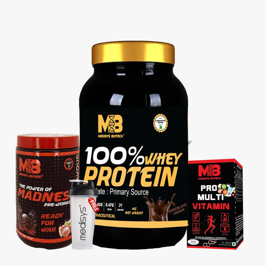 Medisys-100% whey Protein-1kg-pre-workout-300gm-multivitamin 90 tabs-with free-shaker