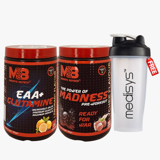 Medisys-Pre-workout-300gm-EAA+glutamin-300gm-combo pack -with free-shaker