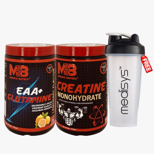 medisys-creatine monohydrate-300gm-EAA+glutamin-300gm-combo pack-with free shaker