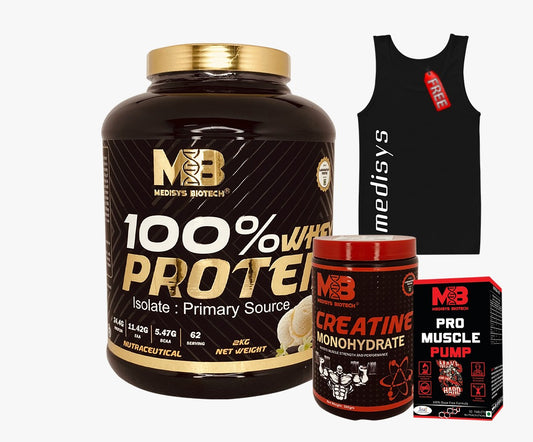 Medisys-lean gain combo-100% whey protein 2kg-creatine monohydrate 300gm-pro muscle pump 90 tabs-with free sando