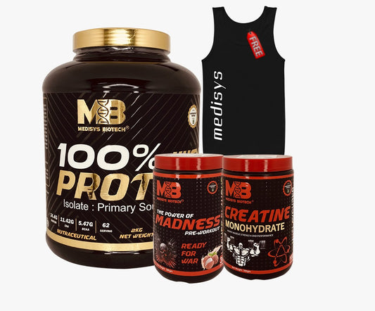 Medisys-lean gain combo-100% whey protein 2kg-pre-workout-300gm-creatine monohydrate-300gm-with free sando